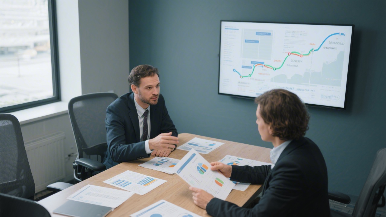 Finance consultant discussing project roadmap with client over executive financial report printouts in a collaborative meeting room.