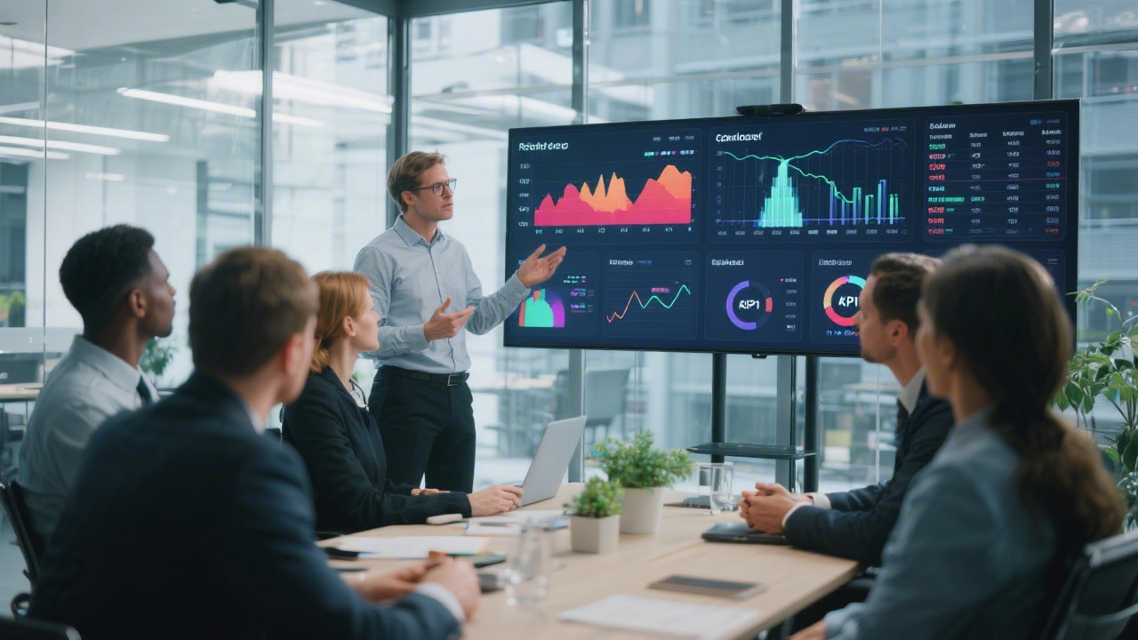 Wide-angle photograph of finance leader briefing management team using digital dashboards showing revenue heatmaps, cashflow waterfalls, and KPI scorecards projected onto screens inside a glass-walled Berlin office.