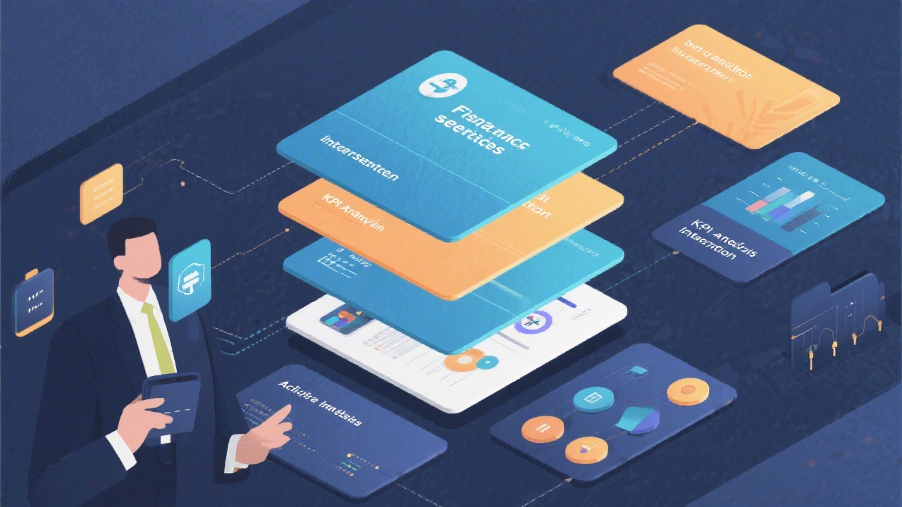 Executive style illustration showing layered financial reporting services including data integration, KPI analytics, and actionable insights arranged in modular cards.